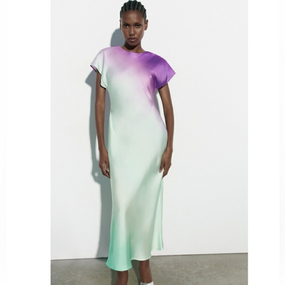 NWT ZARA LONG TIE DYE SATIN DRESS